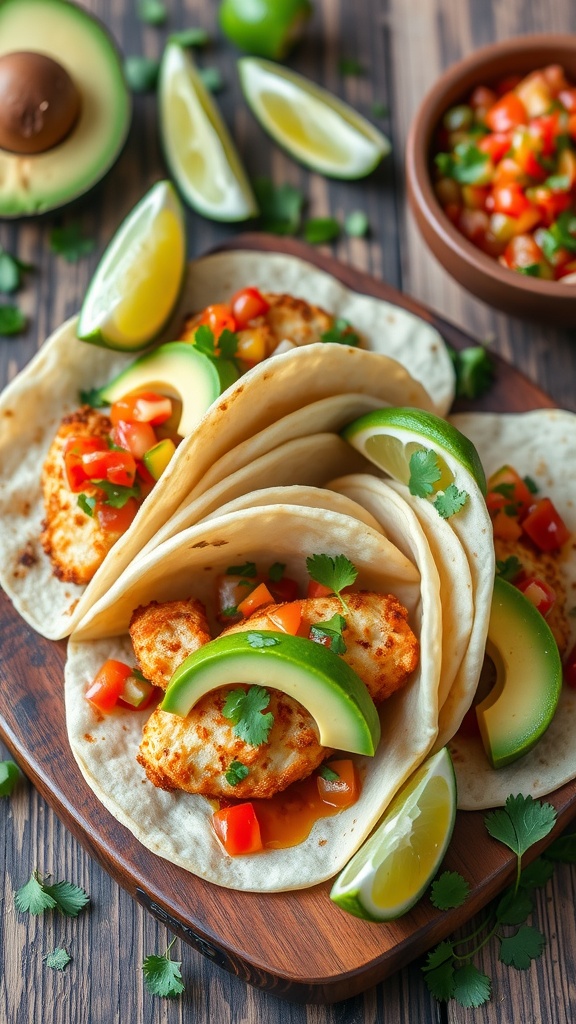 Crispy tilapia tacos topped with fresh salsa and avocado, served on a rustic table with lime wedges.